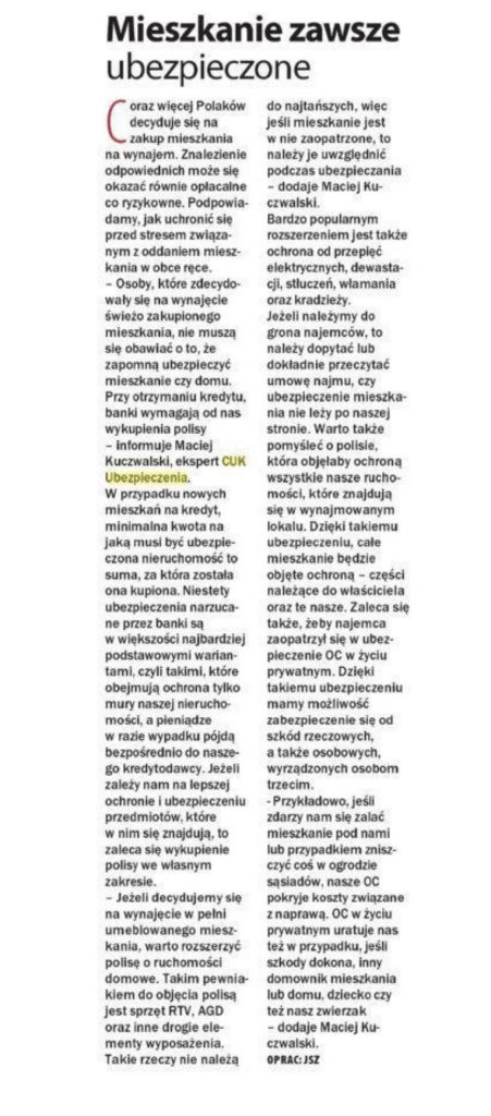 Kupujesz mieszkanie na wynajem? Jeśli bierzesz kredyt hipoteczny, bank będzie wymagał ubezpieczenia mieszkania.