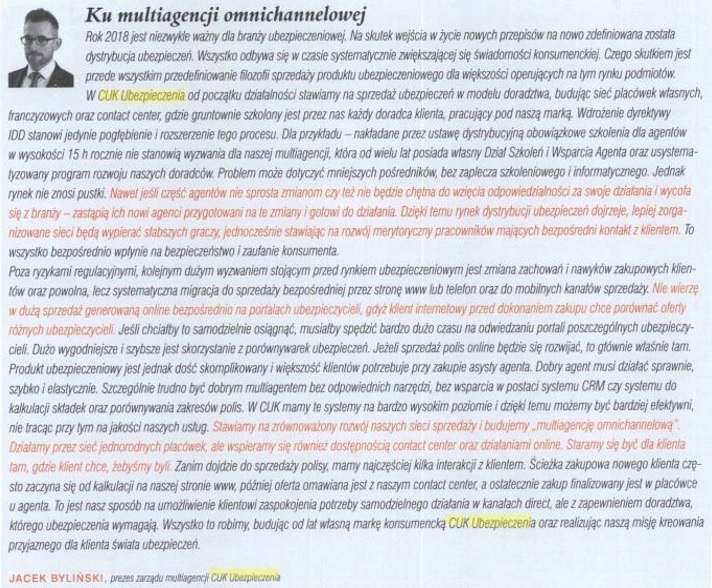 O tym jak realizujemy działania w różnych kanałach sprzedaży opowiada prezes zarządu multiagencji CUK Ubezpieczenia.