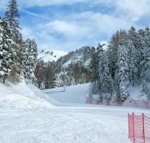 Val di Fiemme – widok na  kurort z trasami narciarskimi i wyciągami w tle.