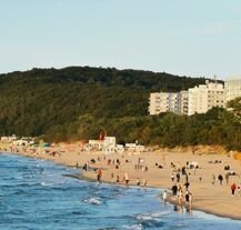 Plaża w Międzyzdrojach z widokiem na las i zabudowę – wakacyjny city break nad morzem.