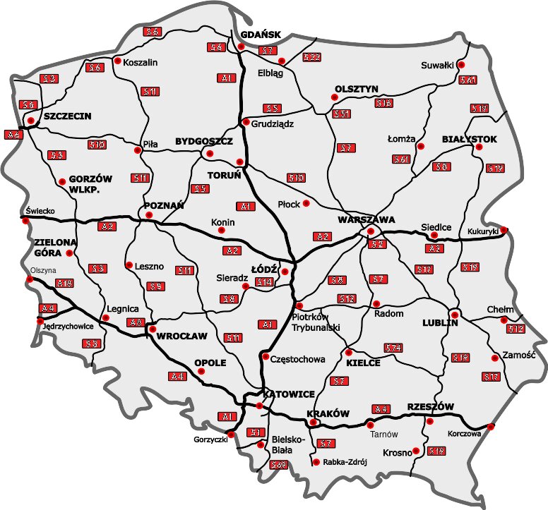 Obrazek przedstawia układ dróg w Polsce. | © Sliwers
