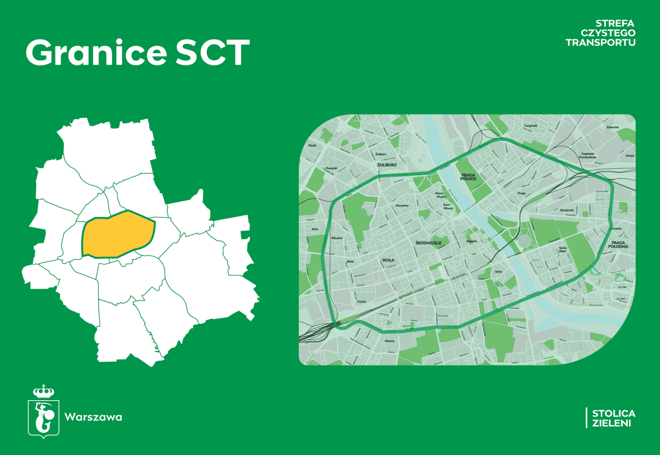 Mapa przedstawiająca granice Strefy Czystego Transportu (SCT) w Warszawie.