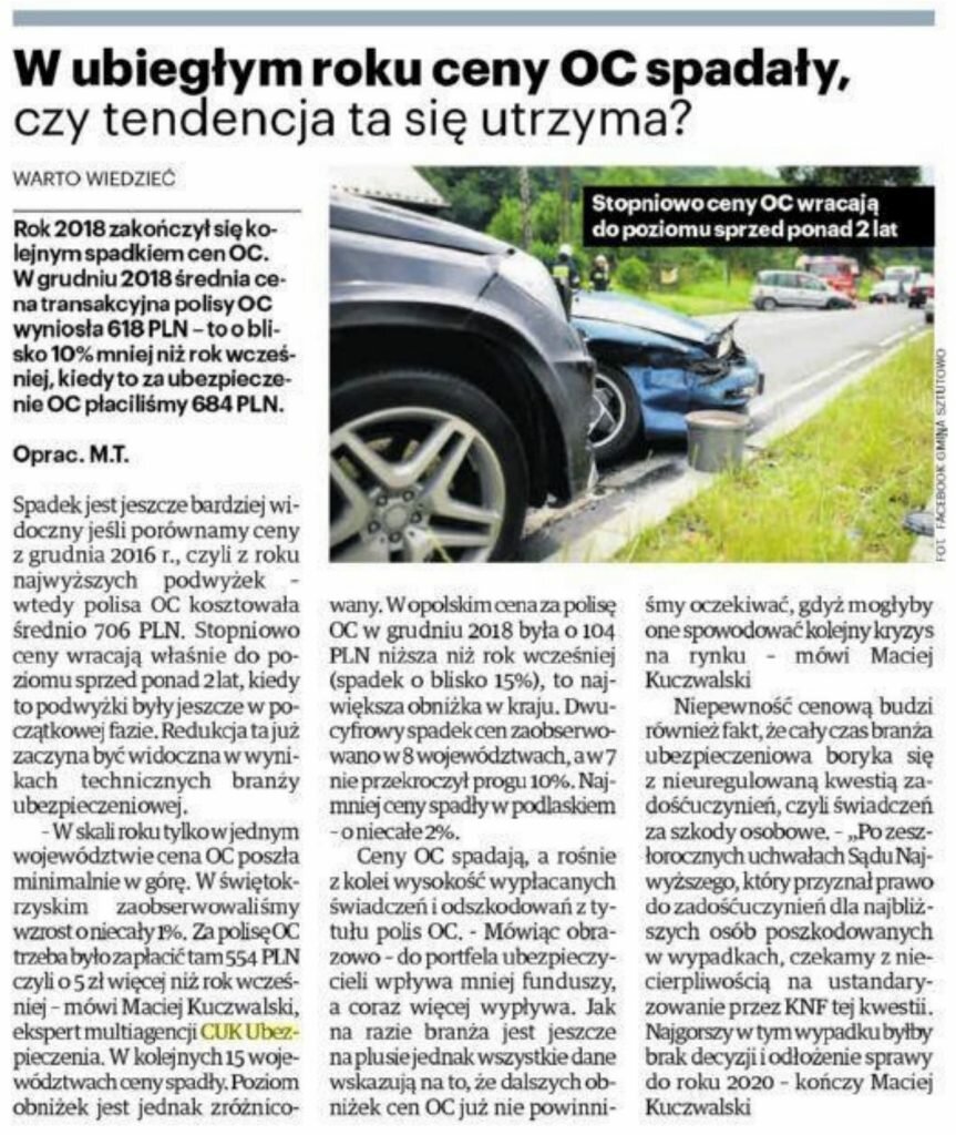 W 2018 r. odnotowaliśmy spadek średnich cen OC komunikacyjnego. W porównaniu do 2017 r. zapłaciliśmy nawet o 10% mniej.