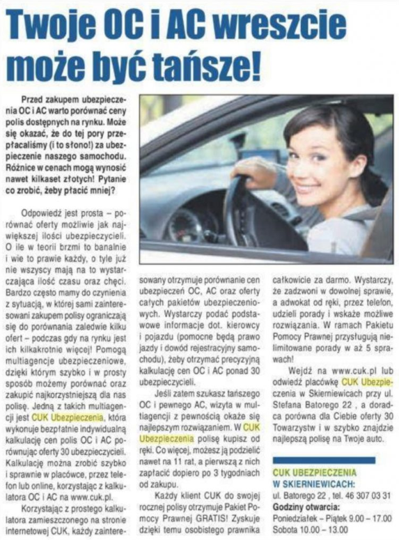 Znajdź tańszą polisę OC i AC, porównując oferty w CUK Ubezpieczenia. Cena OC może być niższa nawet o kilkaset złotych.