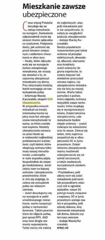 Kupujesz mieszkanie na wynajem? Jeśli bierzesz kredyt hipoteczny, bank będzie wymagał ubezpieczenia mieszkania.