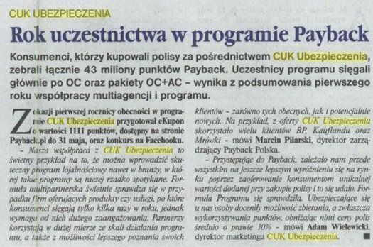 eKupon dla klientów CUK Ubezpieczenia z okazji pierwszej rocznicy udziału w programie Payback.