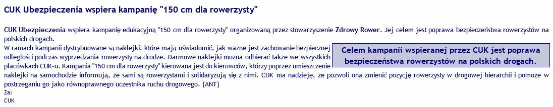 Multiagencja CUK Ubezpieczenia pomaga rowerzystom nie tylko polisami. Wspieramy kampanię 150 cm dla rowerzysty.