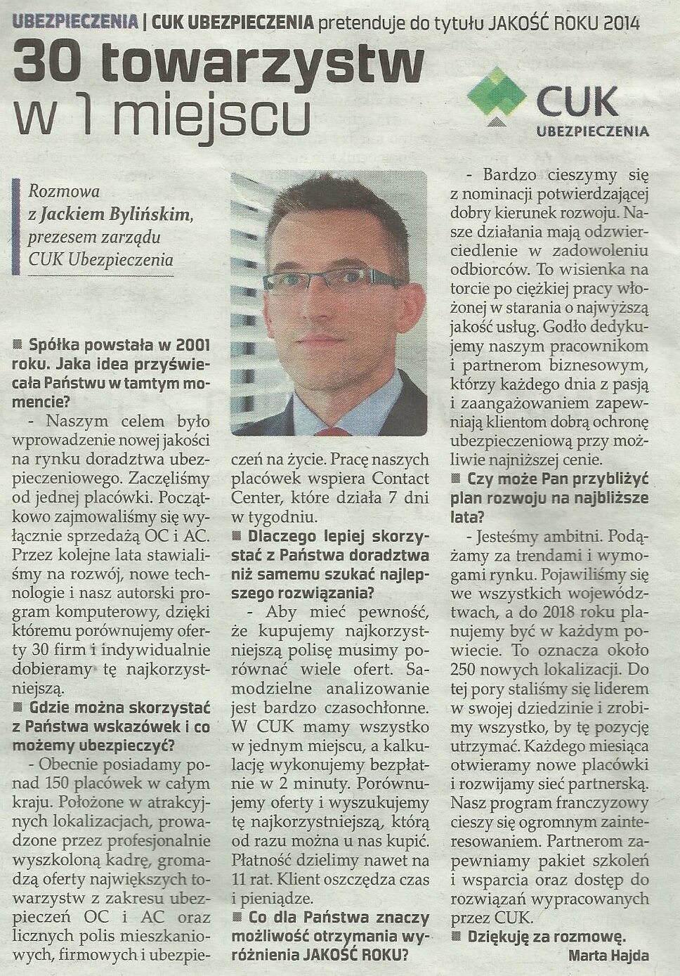 Dlaczego zgromadziliśmy oferty 30 towarzystw w jednym miejscu? Prezes CUK Ubezpieczenia odpowiada na pytania.