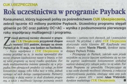 eKupon dla klientów CUK Ubezpieczenia z okazji pierwszej rocznicy udziału w programie Payback.
